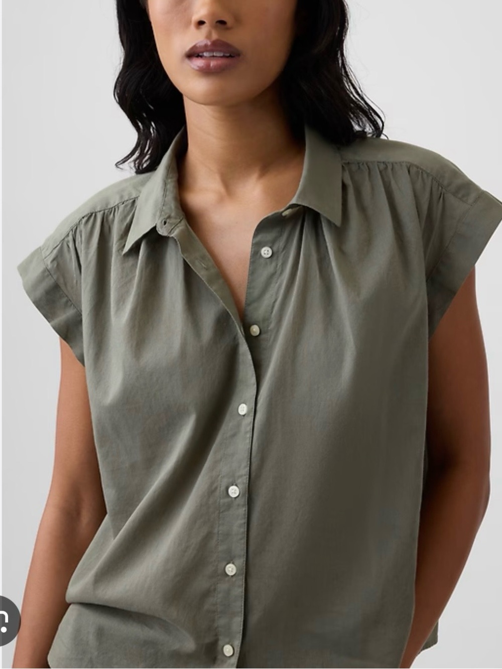 LOFT Olive Cap-Sleeve Button-Front Shirt